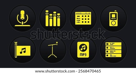 Set Music festival flag, player, Microphone with stand, MP3 file document, Drum machine, equalizer, playlist and  icon. Vector