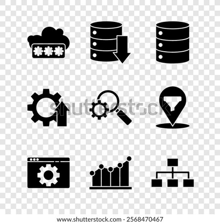 Set Password protection, Server, Data, Web Hosting, Browser setting, Pie chart infographic, Hierarchy organogram, Arrow growth gear and Magnifying glass and icon. Vector