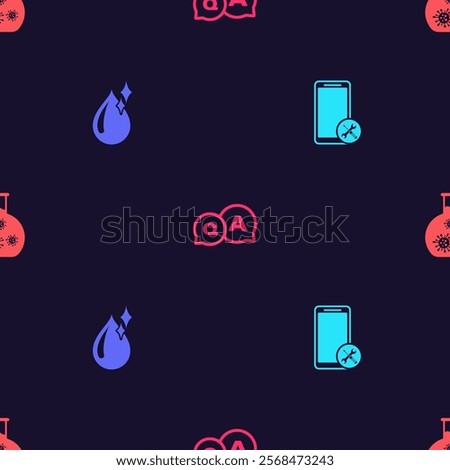 Set Mobile service, Clean water drop, Question and Answer and Test tube with virus on seamless pattern. Vector