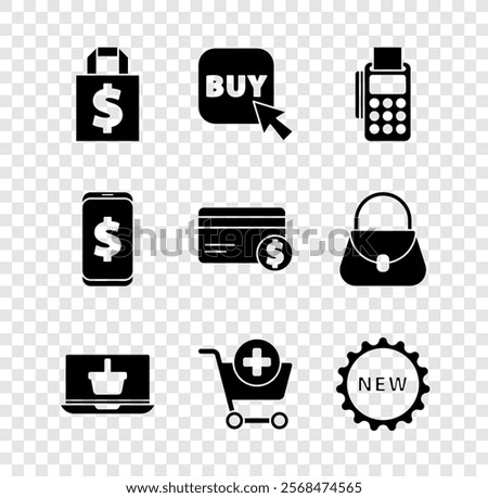 Set Shoping bag and dollar, Buy button, POS terminal with credit card, Shopping basket laptop, Add cart, Price tag text New, Smartphone and Credit icon. Vector