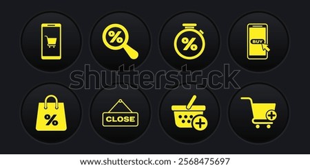 Set Shopping bag with percent, Mobile and shopping cart, Hanging sign Close, Add to basket, Stopwatch, Magnifying glass,  and  icon. Vector