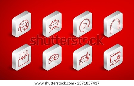 Set line FTP sync refresh, Police car and flasher, Video play button, Headphones, Electric, with speech bubble, Car service and Bottles of wine in box icon. Vector