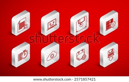 Set line Floppy disk backup, Dead laptop, Server setting, Calendar with check mark, Delete file document, Cloud sync refresh and Stopwatch icon. Vector