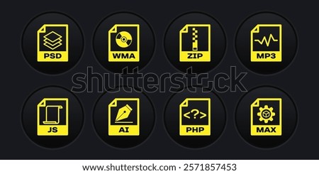 Set JS file document, MP3, AI, PHP, ZIP and WMA icon. Vector