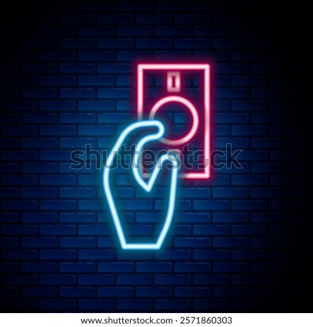 Glowing neon line Hand holding money icon isolated on brick wall background. Dollar or USD symbol. Cash Banking currency sign. Colorful outline concept. Vector