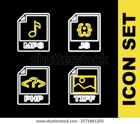 Set line JS file document, TIFF, PHP and MP3 icon. Vector