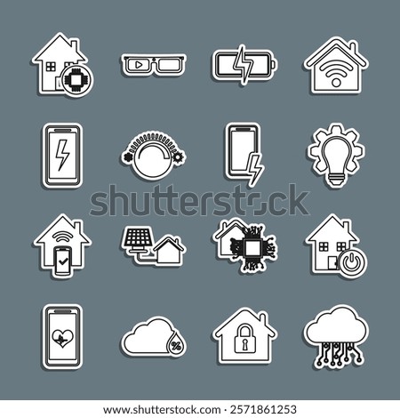 Set line Internet of things, Smart home, Light bulb and gear, Battery, Thermostat, Mobile charging battery,  and  icon. Vector