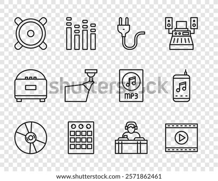 Set line CD or DVD disk, Online play video, Electric plug, Drum machine, Stereo speaker, Movie spotlight, DJ playing music and Music player icon. Vector