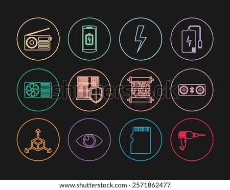 Set line Drill machine, speakers, Lightning bolt, Server with shield, Air conditioner, Radio, Paper scroll and Smartphone battery charge icon. Vector