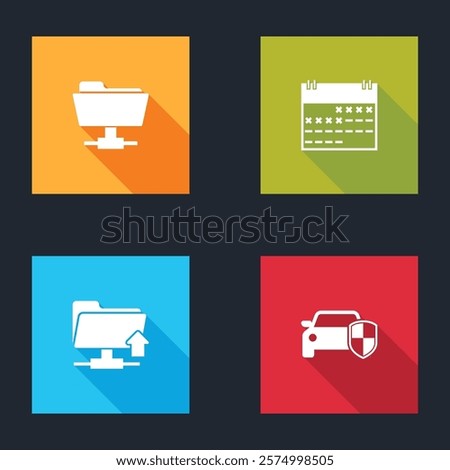 Set FTP folder, Calendar, upload and Car protection or insurance icon. Vector