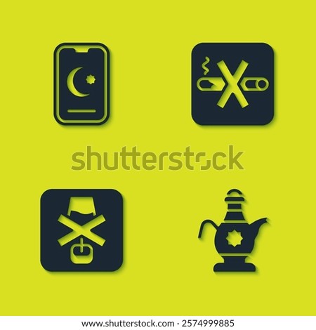 Set Star and crescent, Islamic teapot, No alcohol and Smoking icon. Vector