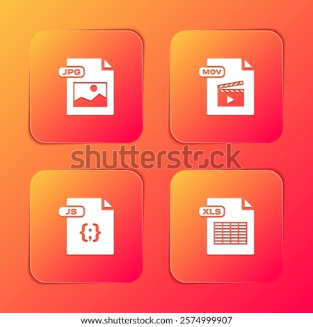 Set JPG file document, MOV, JS and XLS icon. Vector