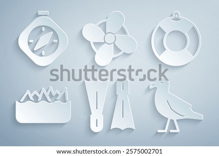 Set Flippers for swimming, Lifebuoy, Sharp stone reefs, Bird seagull, Boat propeller and Compass icon. Vector