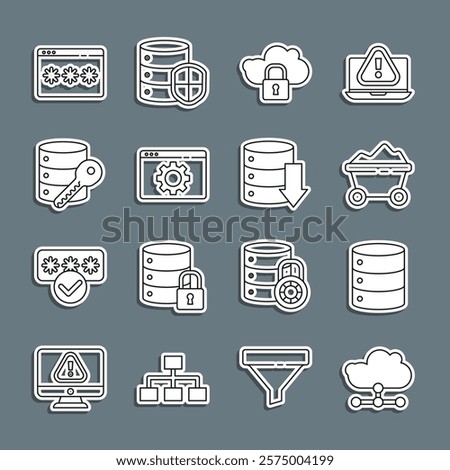 Set line Network cloud connection, Server, Data, Web Hosting, Coal mine trolley, Cloud computing lock, Browser setting, security with key, Password protection and  icon. Vector