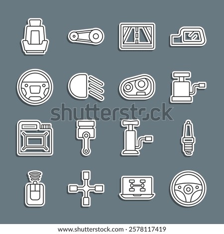 Set line Steering wheel, Car spark plug, air pump, Gps device with map, High beam, seat and headlight icon. Vector