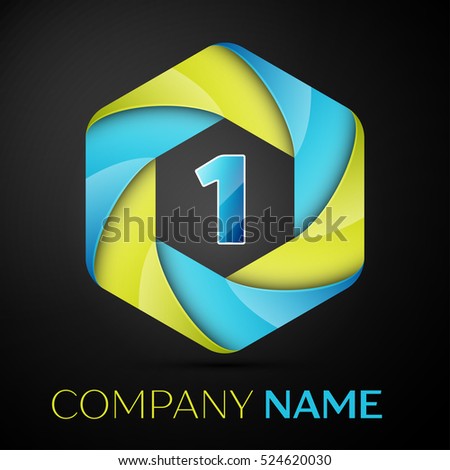 One number colorful logo in the hexagonal on black background. Vector template for your design