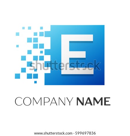 Letter E vector logo symbol in the colorful square with shattered blocks on white background. Vector template for your design
