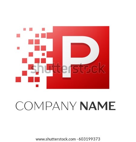 Letter P vector logo symbol in the colorful square with shattered blocks on white background. Vector template for your design