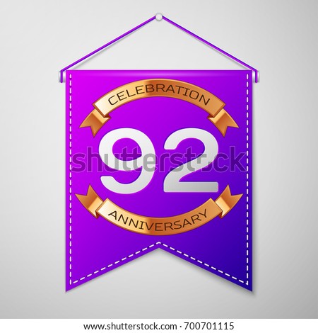 Realistic Purple pennant with inscription Ninety two Years Anniversary Celebration Design on grey background. Golden ribbon. Colorful template elements for your birthday party. Vector illustration