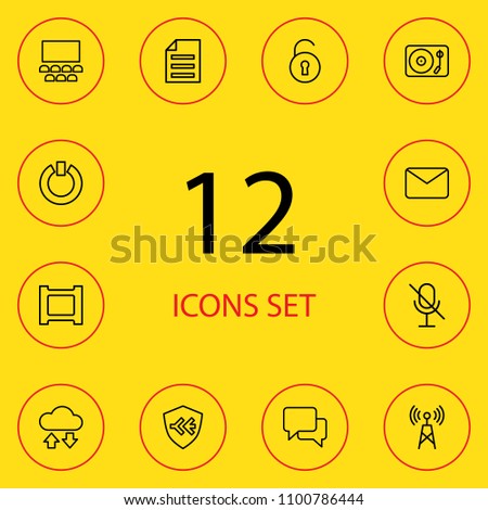 Set of 12 media icons line style set. Collection of antenna, document, mike off and other elements.