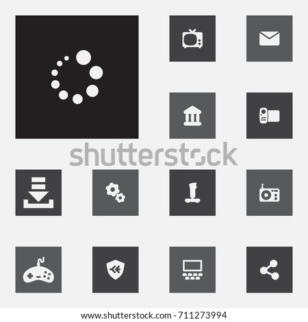 Set Of 13 Multimedia Icons Set.Collection Of Auditorium, Game, Joystick And Other Elements.