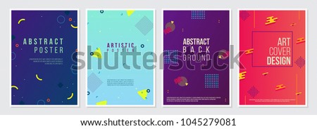 Memphis Style Poster Set. Fluid Color Backgrounds with Futuristic 3D Elements. Flat style Abstract Vector Design ideal for Banner, Web, Promotion, Ad, Placard and Billboard