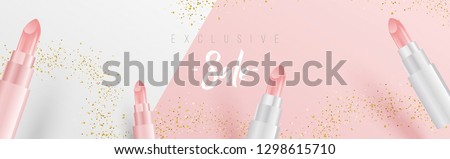 Creative wide sale banner design with 3D style lipsticks, golden glitter and calligraphy. minimal cover design for web, social media, ad, poster for Sale offer and exclusive discount announcement.