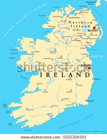 Ireland and Northern Ireland political map with capitals Dublin and Belfast, borders, important cities, rivers and lakes. Island in the North Atlantic Ocean. English labeling. Illustration. Vector.
