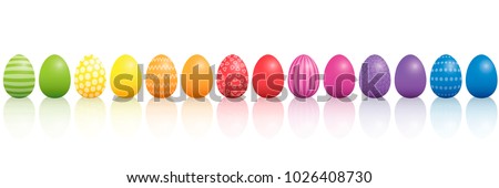 Easter eggs. Lined up with different colors and patterns. Rainbow colored three-dimensional isolated vector illustration on white background.