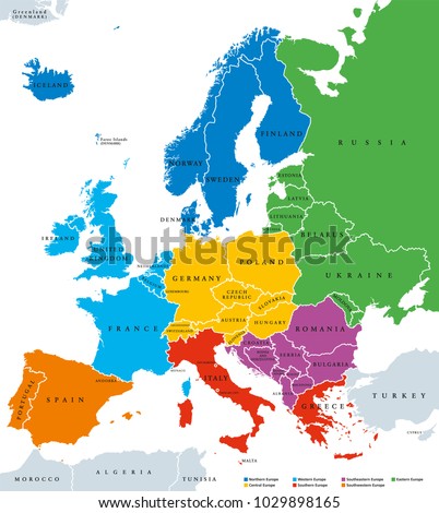 Regions of Europe, political map, with single countries and English labeling. Northern, Western, Southeastern, Eastern, Central, Southern, Southwestern Europe in different colors. Illustration. Vector ストックフォト © 