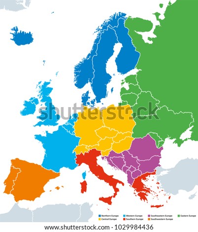 Regions of Europe, political map, with single countries. Northern, Western, Southeastern, Eastern, Central, Southern and Southwestern Europe in different colors. English labeling. Illustration. Vector Stock foto © 