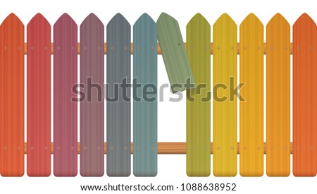 Gap in the fence - colored picket fence with broken plank and loophole to slip through, escape, flee, take off, break free, slip away, sidle off - isolated vector illustration on white background.