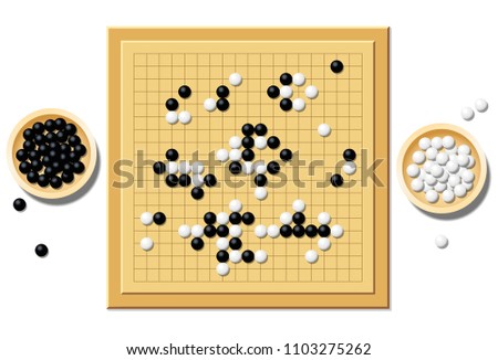 Gobang or go game board with a typical course of game, and two wooden bowls filled with black and white stones - a traditional chinese strategy game. Isolated vector illustration over white.