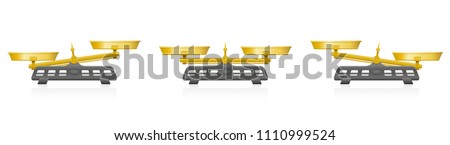 Two pan balance. Weighing scale with golden pans and pointer and gray base - balanced and unbalanced, equal and unequal weightiness. Three-dimensional isolated vector illustration on white background.