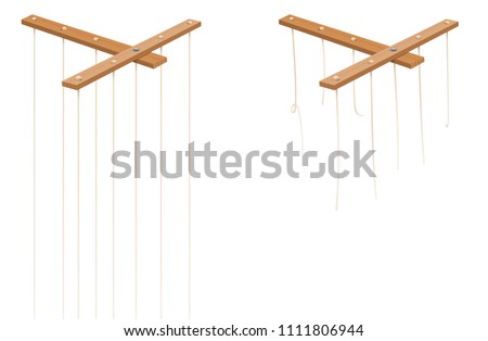 Marionette control bar with intact and broken strings. Torn cords as a symbol for freedom, independence, autonomy, liberty, detachment, release or escape. Isolated vector on white.
