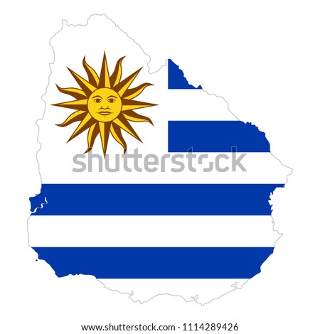 National flag of Uruguay with Sun of May in the country silhouette. Country flag with national emblem Sol de Mayo on white canton and white and blue horizontal stripes. Illustration over white. Vector