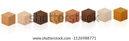 Wooden cubes - sample set with different colors, glazes, textures from various trees to choose - brown, dark, gray, light, red, yellow, orange decor models - vector on white background.