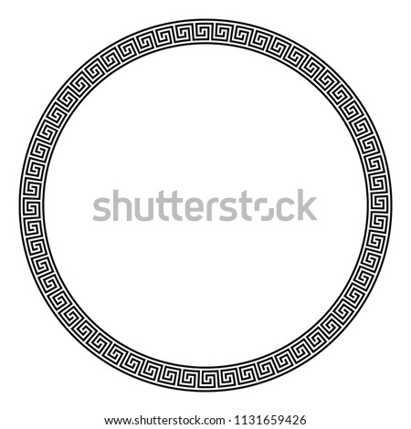 Circle frame made of seamless meander pattern. Meandros, a decorative border, constructed from continuous lines, shaped into a repeated motif. Greek fret or Greek key. Illustration over white. Vector.