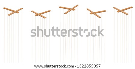Wooden marionette control bars. Five items with strings and no puppets. Symbol for manipulation, control, authority, domination - or just as a toy for a puppeteer. Isolated vector on white.
