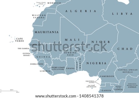 West Africa region, political map. Area with borders. The westernmost countries on the African continent, also called Western Africa. Gray illustration on white background. Vector.