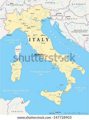 Italy Map - Hand drawn map of Italy with the capital Rome, the Vatican and San Marino, national borders, most important cities, rivers and lakes. Vector illustration with english labeling and scale.