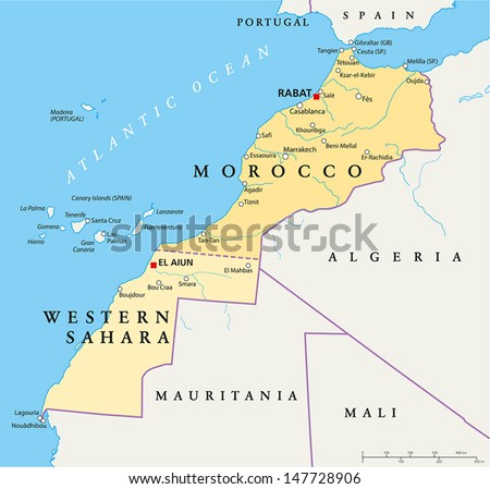 Morocco And Western Sahara Map - Hand drawn map of Morocco and Western Sahara with capitals Rabat and El Aiun, national borders, most important cities, rivers and lakes. English labeling and scale.