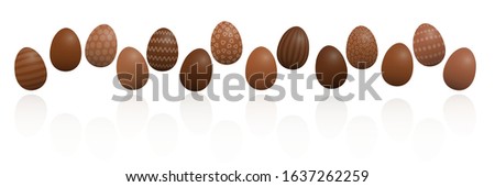 Chocolate Easter eggs. Lined up with different chocolate and patterns, dark, light and milk chocolate. Three-dimensional isolated vector illustration on white background.
