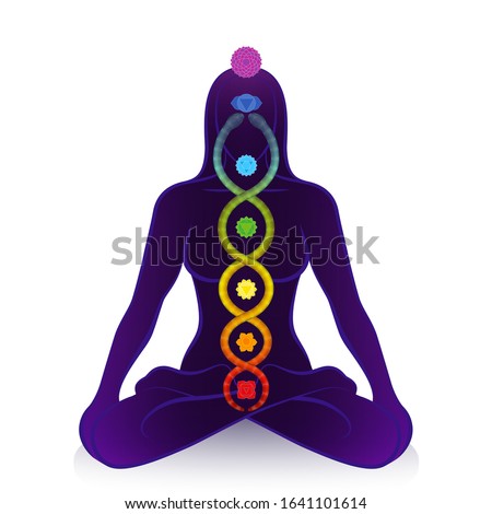 Kundalini serpent and chakras of a meditating woman, symbol for spiritual awakening, healing power and balance, celestial harmony and relaxation. Vector illustration on white.
