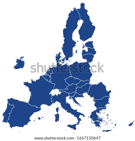 European Union member states after Brexit, blue silhouettes. 27 EU member states after United Kingdom left in 2020. The special member state territories are not shown. Illustration over white. Vector