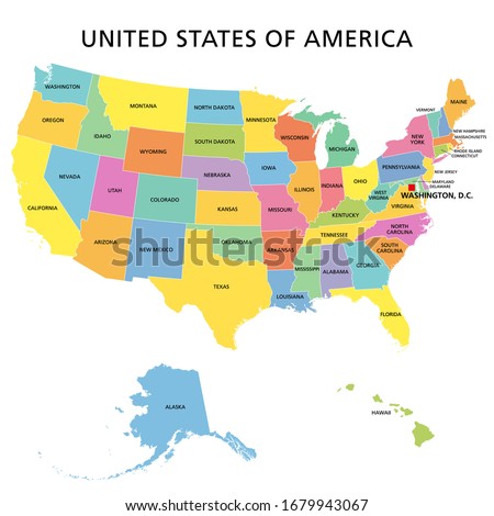 United States of America, multi colored political map. 50 states with own geographic territory, constituent entities, bound together in a union and a federal government. English. Illustration. Vector.