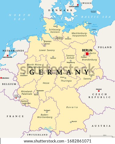 Germany, political map. States of the Federal Republic of Germany with capital Berlin and 16 partly-sovereign states. Country in Central and Western Europe. English labeling. Illustration. Vector.