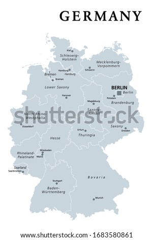 Germany, gray political map. States of the Federal Republic of Germany with capital Berlin and 16 partly-sovereign states. Country in Central and Western Europe. English labeling. Illustration. Vector