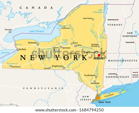 New York State (NYS), political map, with capital Albany, borders, important cities, rivers and lakes. State in the Northeastern United States of America. English labeling. Illustration. Vector.