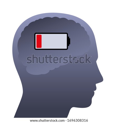 Human brain with weak battery. Empty head with low power, symbolic for stress, depression, burnout, frustration, tiredness, negative mental mood or lack of concentration.

